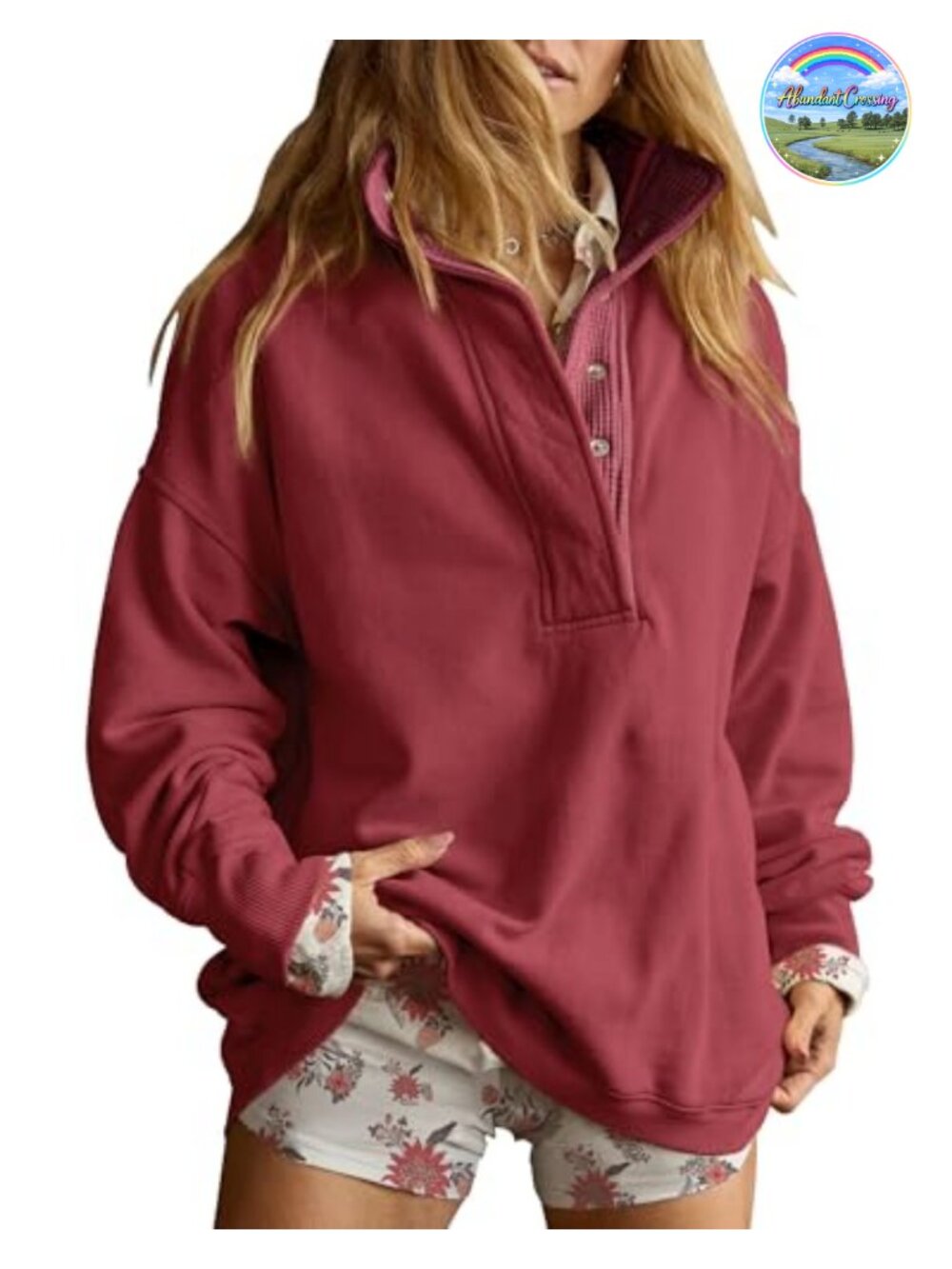 Oversized Henley Neck Sweatshirt Women Drop Shoulder Snap Buttons Pullover Top